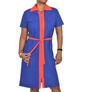 Vintage Fritzi ColorBlock Shirt Dress Blue Red Zip Front Short Sleeve 70s Small